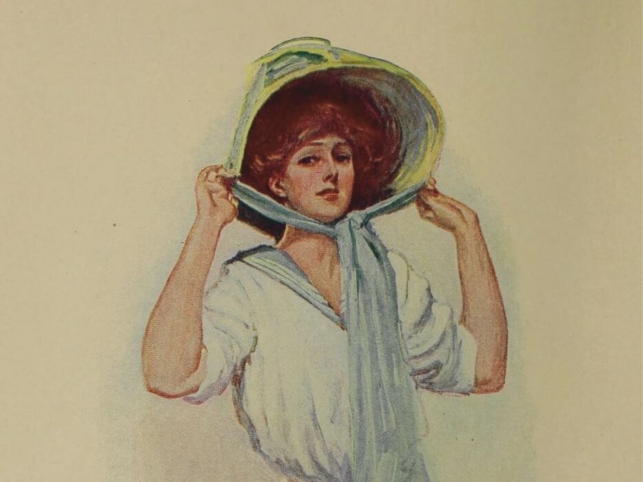 Illustration of a red-haired woman wearing a white dress and a large hat.