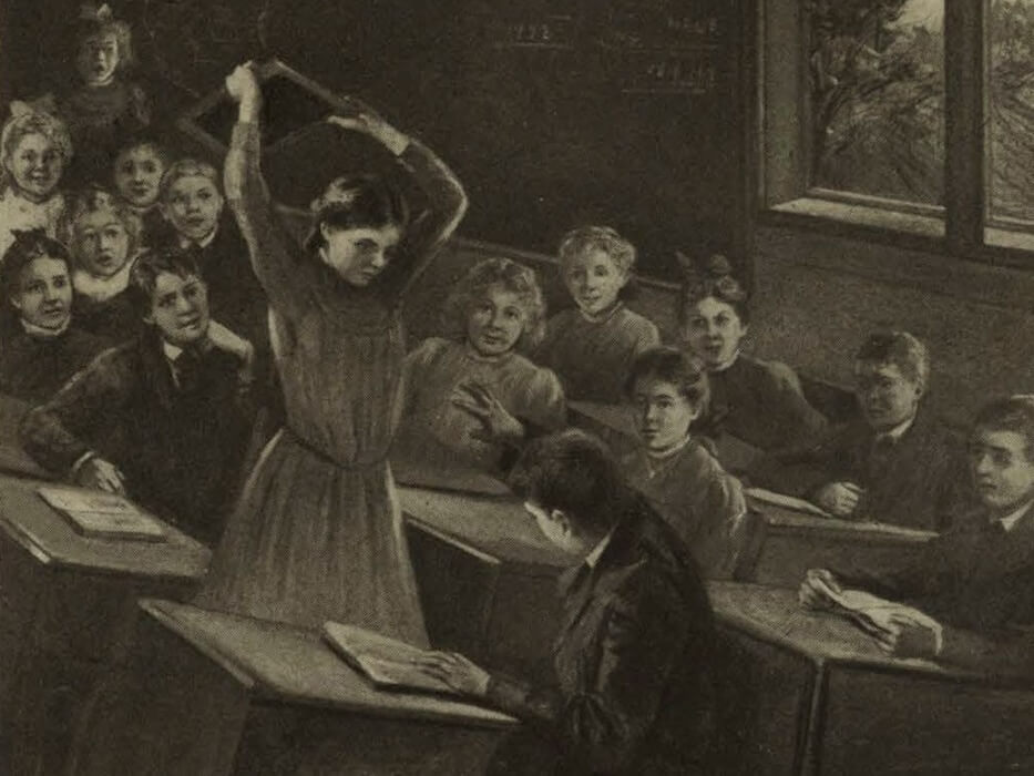 Black and white illustration of a group of children in a classroom. In the foreground, a girl stands and raises a slate above her head, as though about to use it to strike the boy seated next to her.