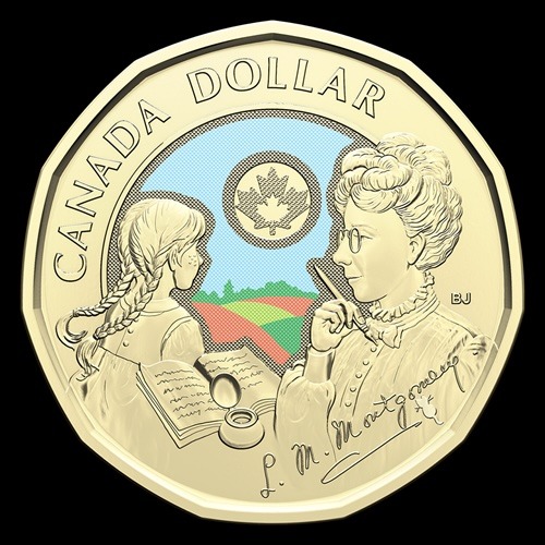 Coin depicting a woman holding a pen and a young girl in braids, with a natural landscape in the background. The words "Canada Dollar" appear across the top; L.M. Montgomery's signature appears across the bottom.