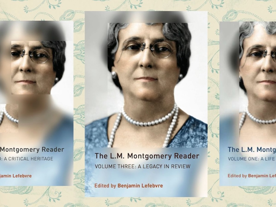 Montage of the covers of all three volumes of The L.M. Montgomery Reader (each consisting of a colorized photograph of L.M. Montgomery, wearing a blue dress and a string of pearls around her neck) against a paisley wallpaper background.