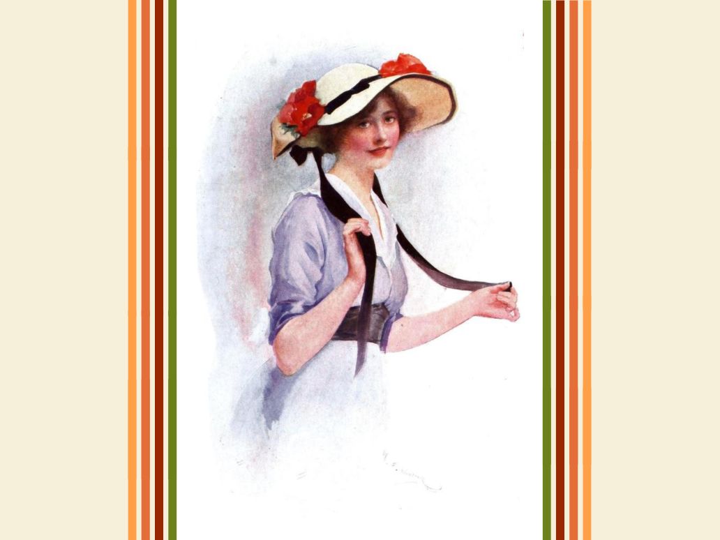 Vintage illustration of a white smiling woman wearing period clothing and a floppy hat.