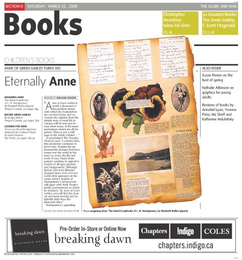 Scan of the front page of the Globe and Mail's books section that includes a page from an old scrapbook alongside the first few paragraphs of a review entitled "Eternally Anne."