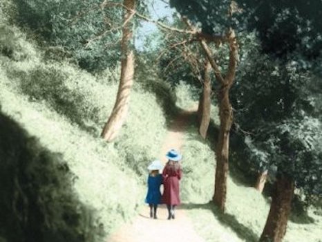 Detail from a colourized photograph of two people walking along a lane in a natural environment.